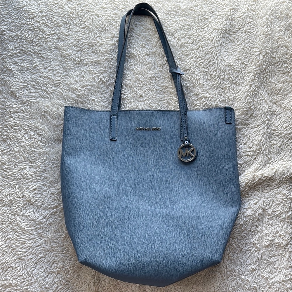 Michael Kors Powder Blue Leather Tote with Navy Straps